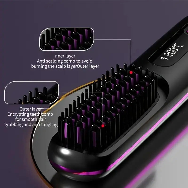 Straightening Hair Comb, Portable 2-In-1 Flat Iron Curler, Wireless & USB Rechargeable Lightweight Hot Brush for Quick Daily Styling