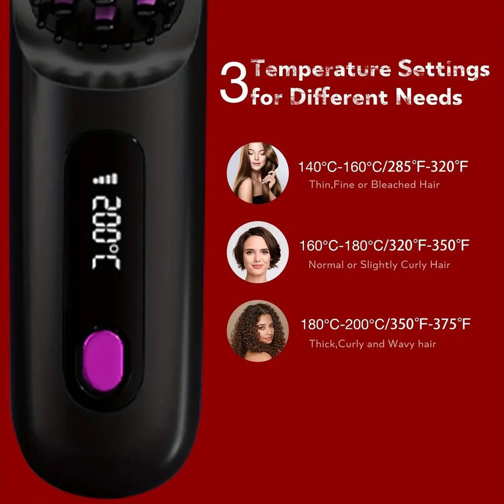 Straightening Hair Comb, Portable 2-In-1 Flat Iron Curler, Wireless & USB Rechargeable Lightweight Hot Brush for Quick Daily Styling