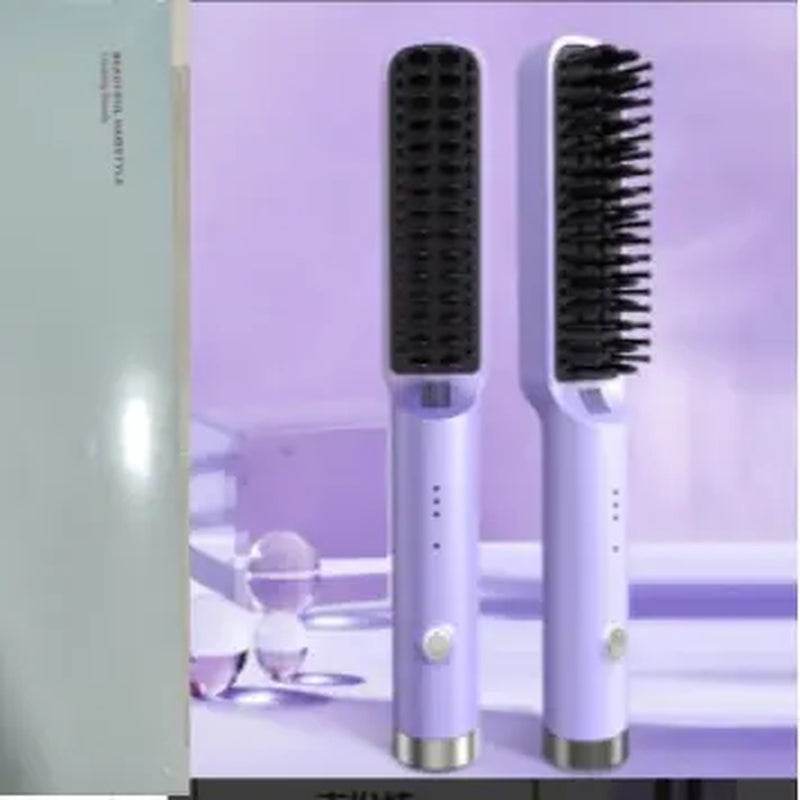 Straightening Hair Comb, Portable 2-In-1 Flat Iron Curler, Wireless & USB Rechargeable Lightweight Hot Brush for Quick Daily Styling